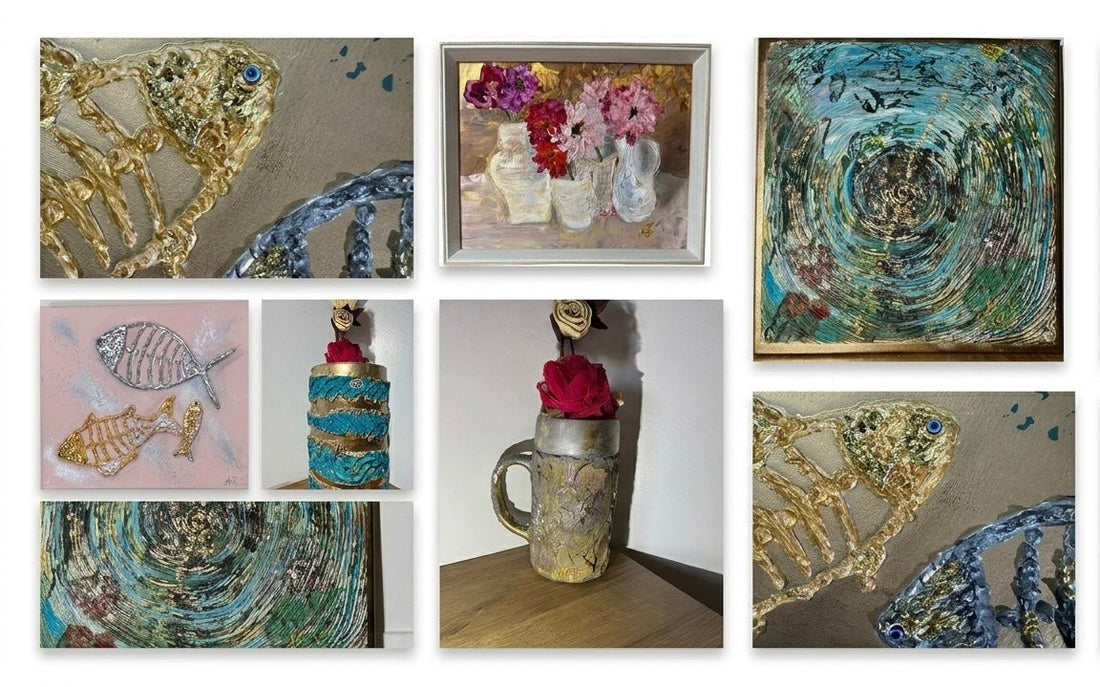 Moodboard NaE Design tendances décoration 2026 : textures artisanales, feuille d'or dorée, reliefs naturels, oeuvres murales et pièces décoratives