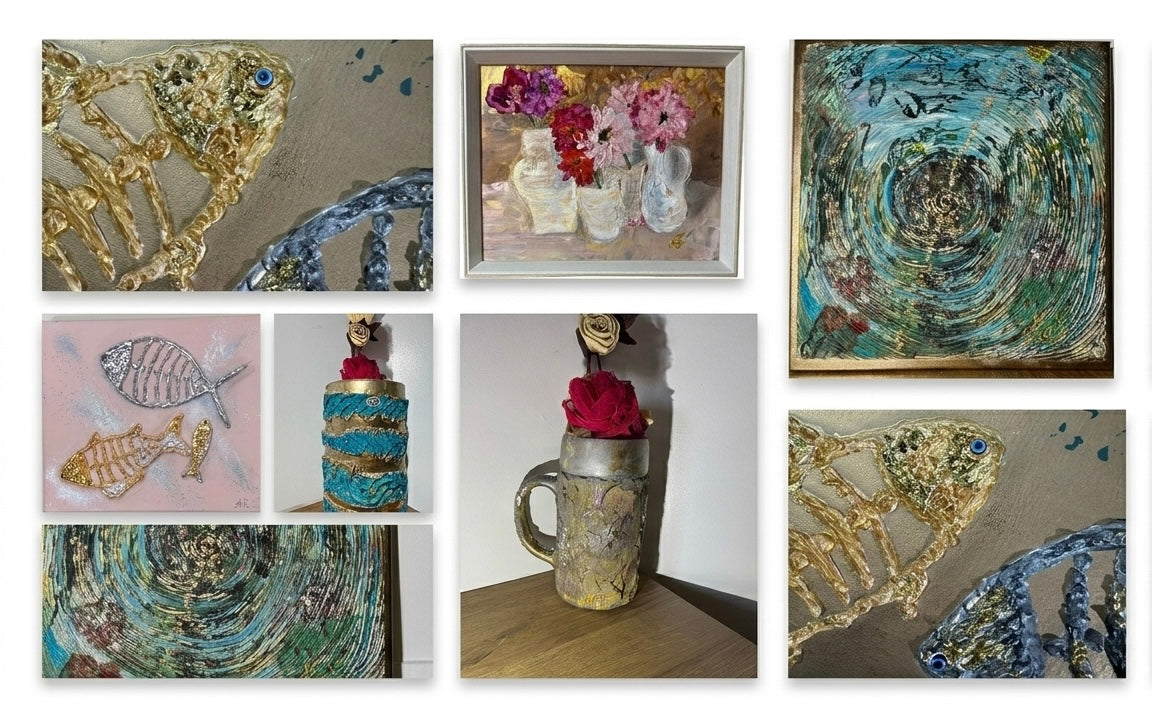 Moodboard NaE Design tendances décoration 2026 : textures artisanales, feuille dorée, reliefs naturels, oeuvres murales et pièces décoratives