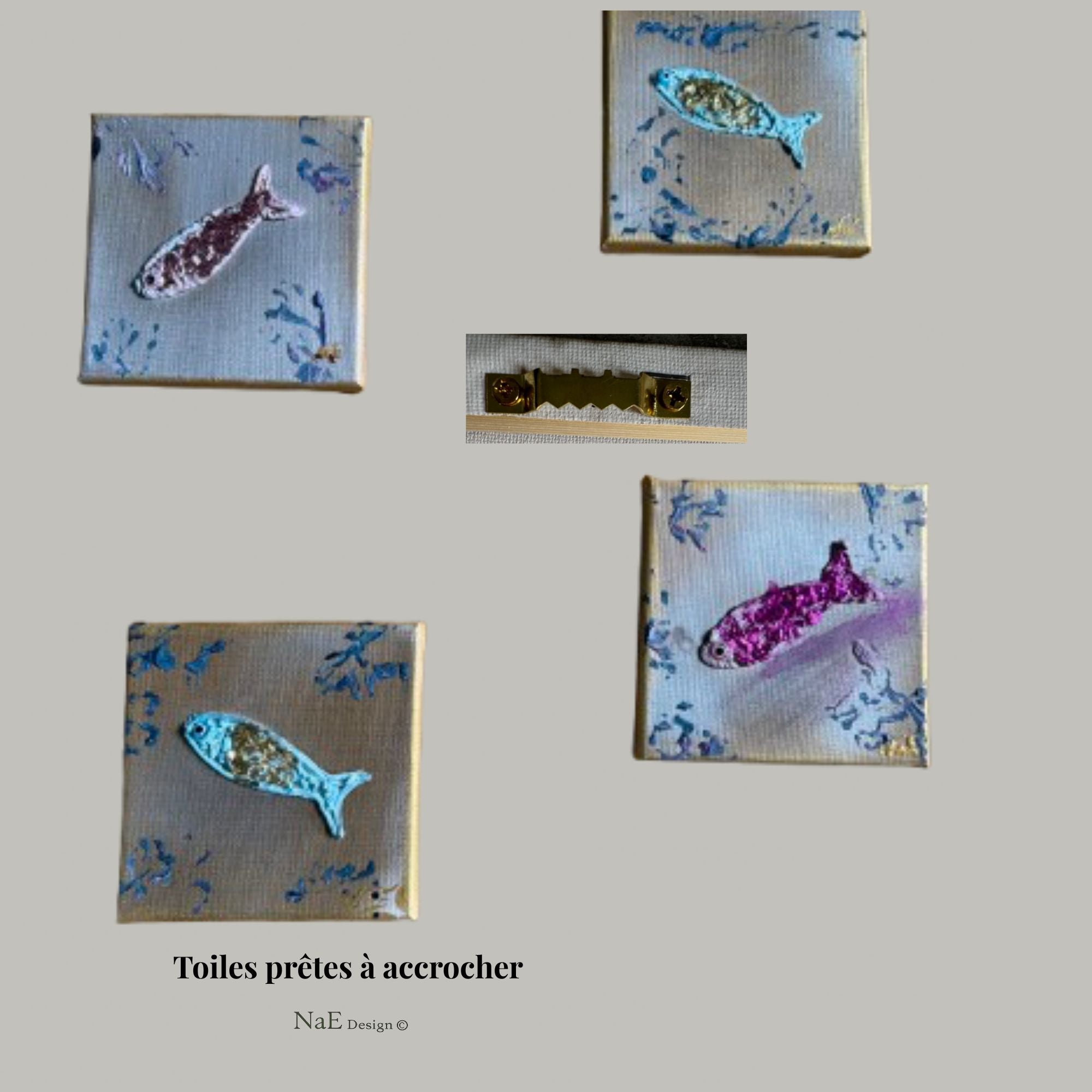 Toile texturée d'un poisson variants bleu et or, rose fuschia et tose