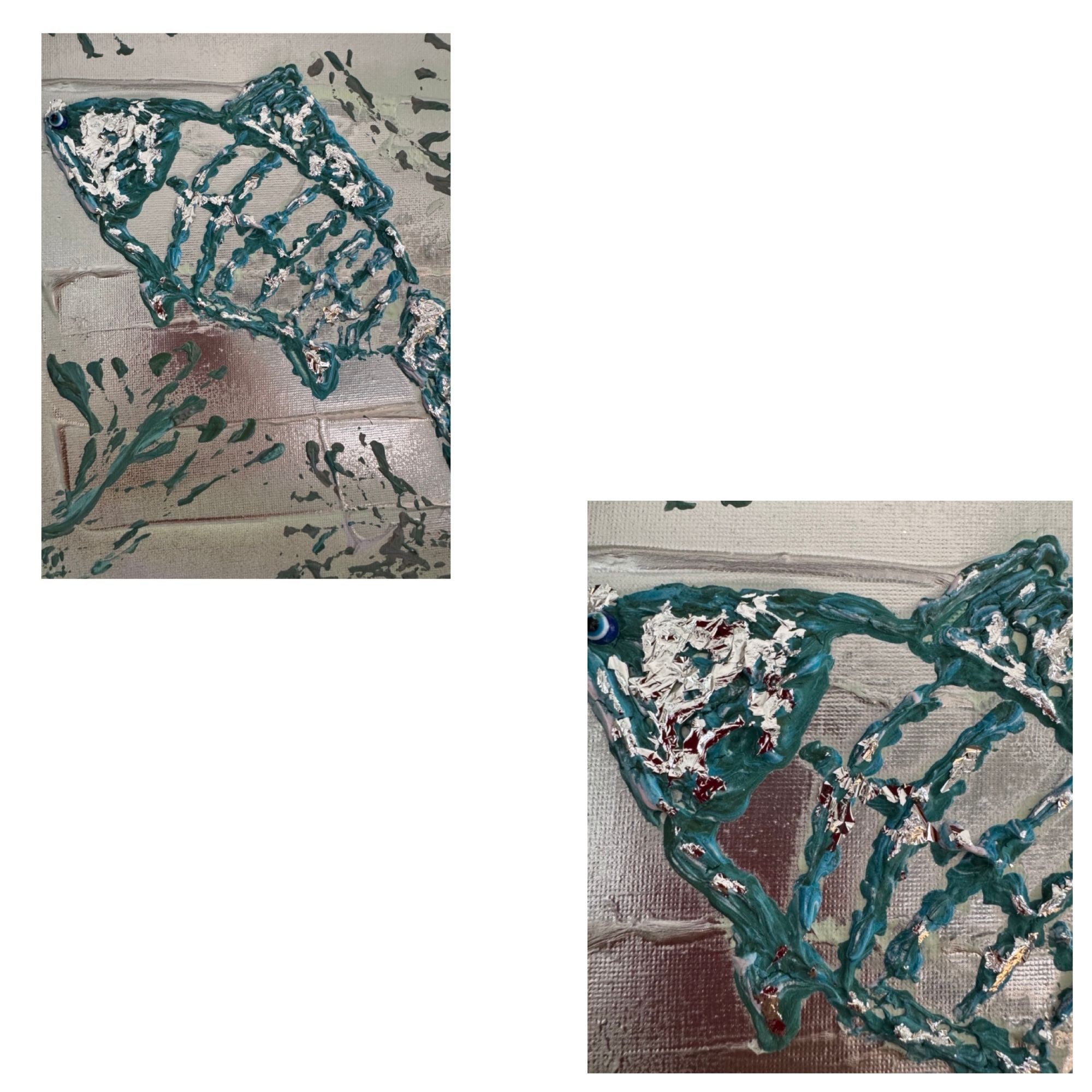 tableau encadré avec poisson en relief et texture bleue et argent