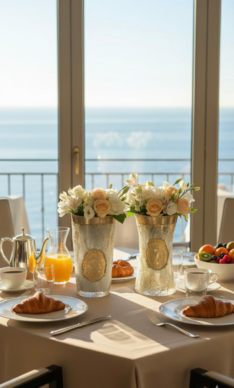 2 vases décoratifs psés sur une table de petits déjeuners vue sur mer