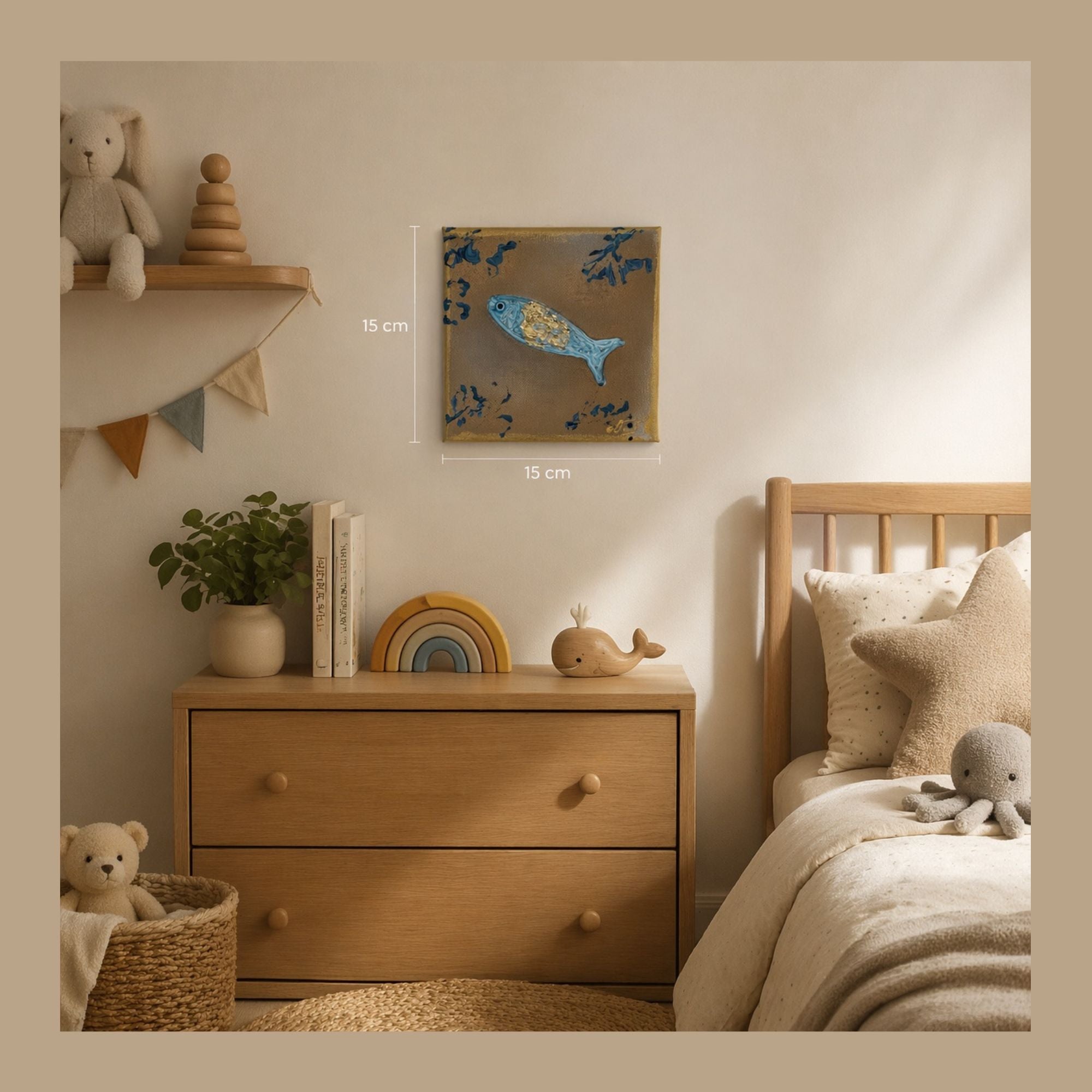 chambre d’enfant décorée avec tableau poisson en relief au mur