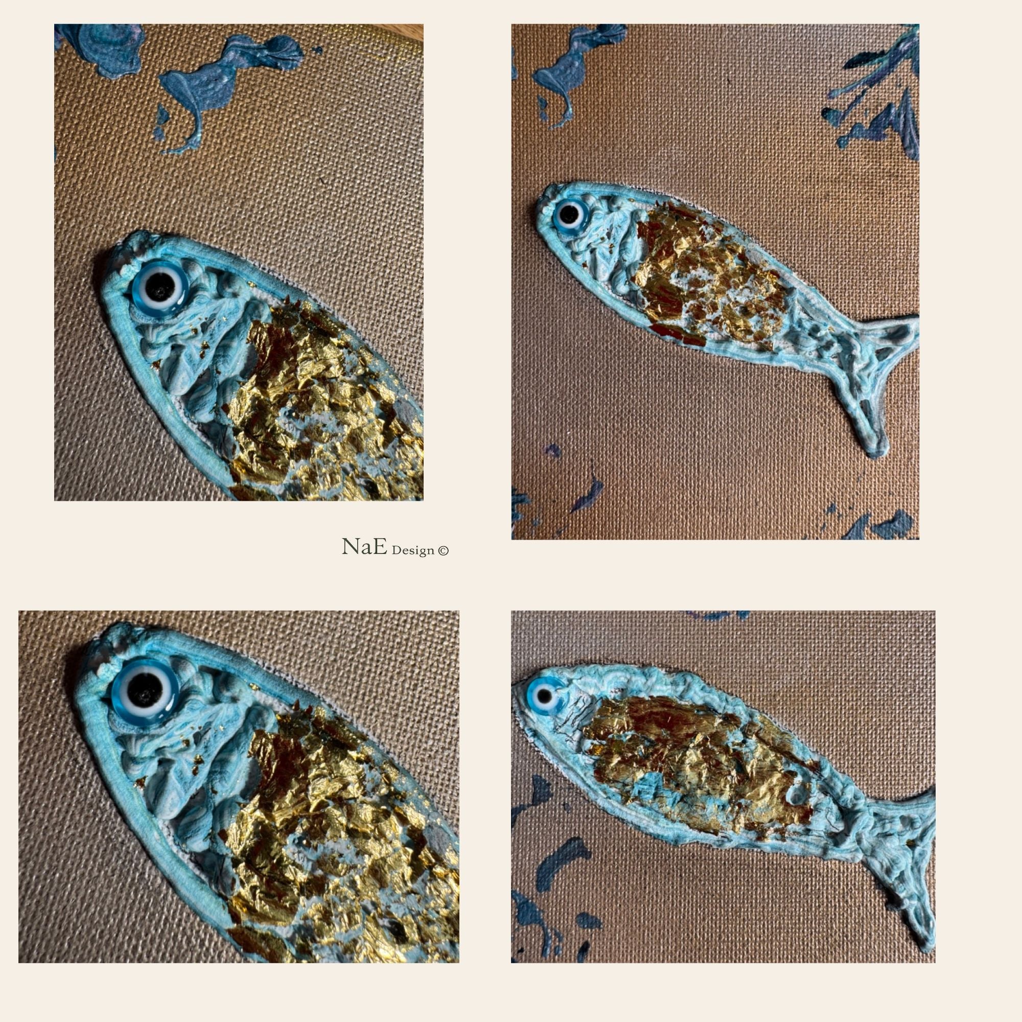 détail d’un poisson en relief bleu avec feuille dorée sur toile texturée