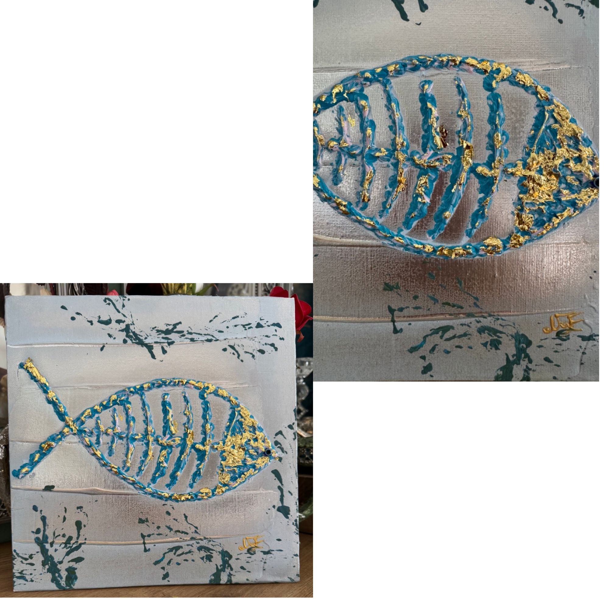 tableau encadré avec poisson en relief et texture bleue  et or