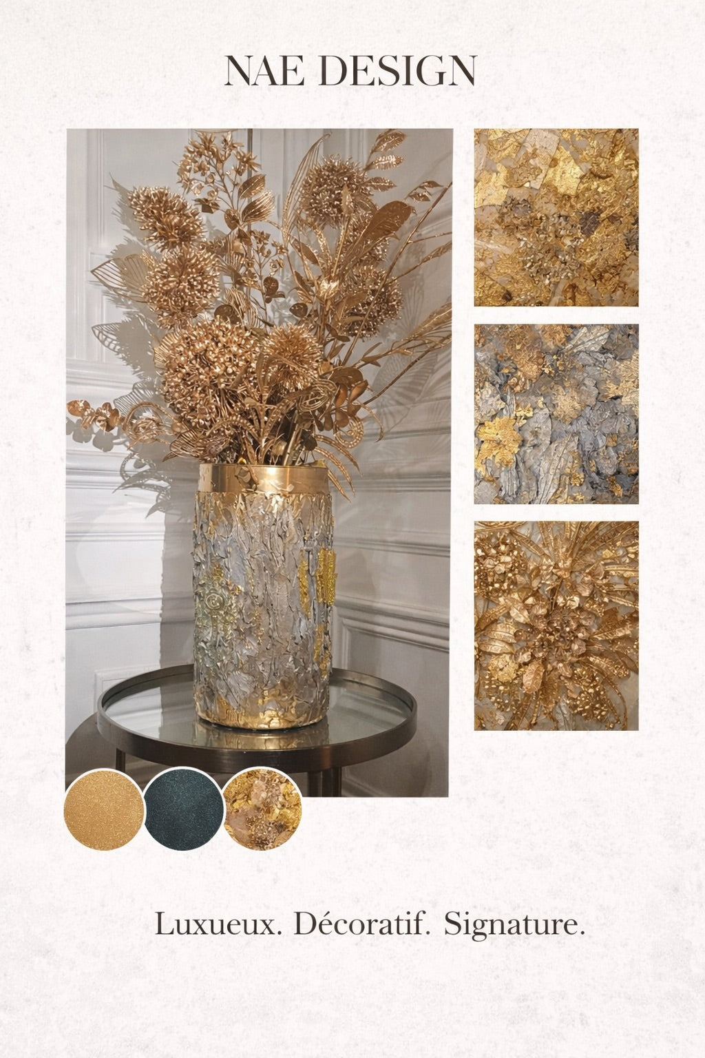 Vase artistique premium NaE – Verre fin & feuille dorée – Pièce unique 29 × 16 cm