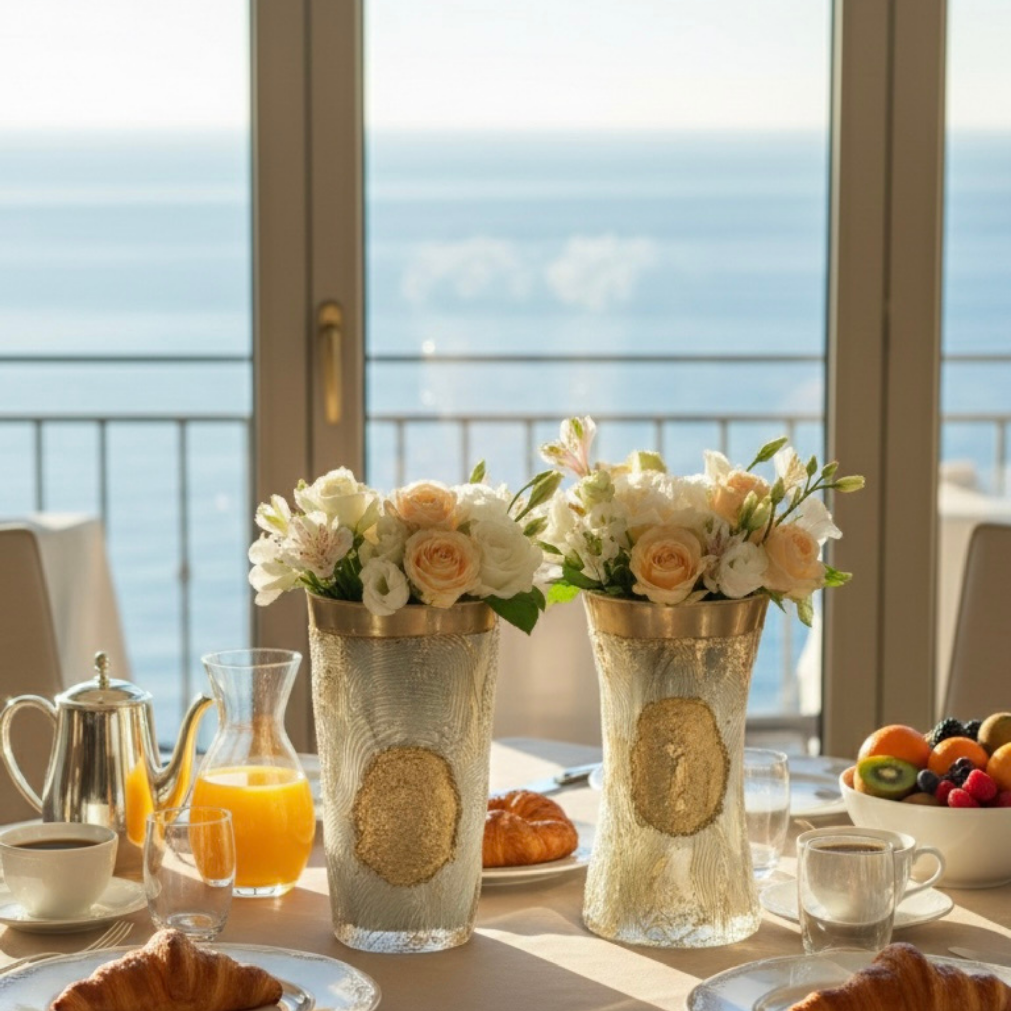 2 vases décoratifs fleuris ambiance vue sur mer