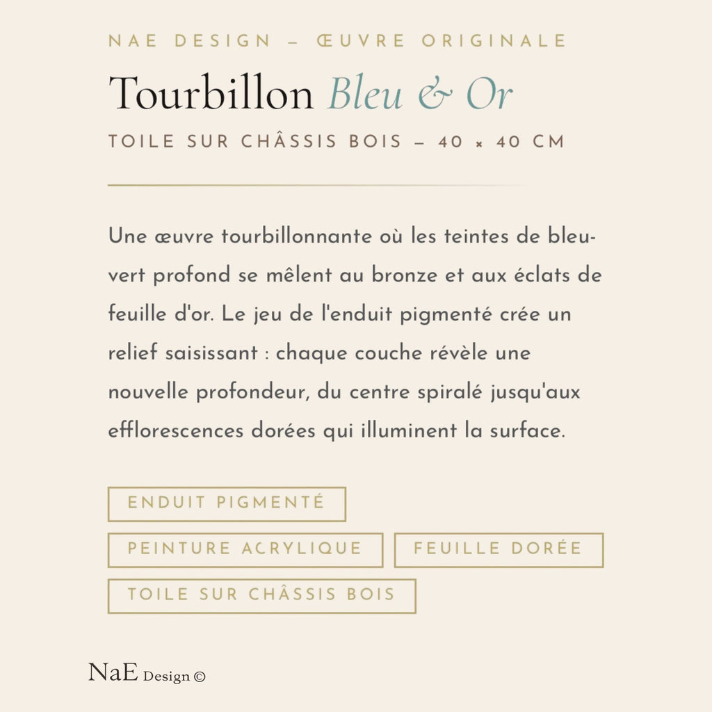 fiche produit de la Toile abstraite tourbillon texturé bleu et doré avec effet matière en relief, création artisanale NaE Design inspirée de l’océan