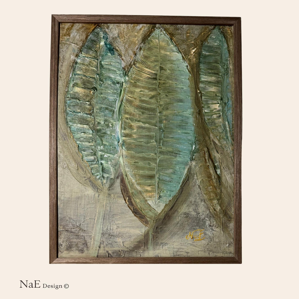 Toile décorative feuilles texturées vert et doré en relief, création artisanale NaE Design cadre bois