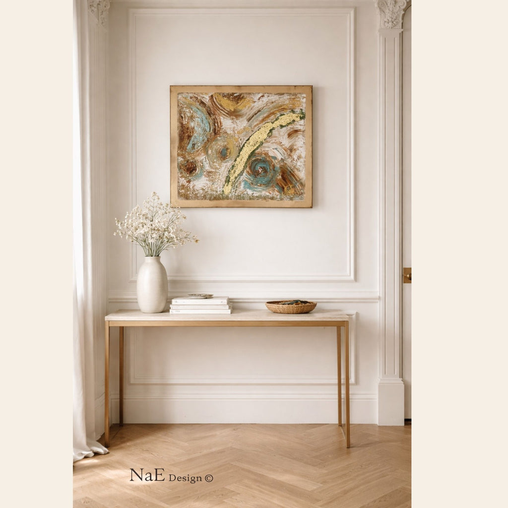 Toile abstraite texturée aux nuances bleu, , vert, brun et doré avec effet matière en relief, création artisanale NaE Design sur châssis bois ambiance entrée console