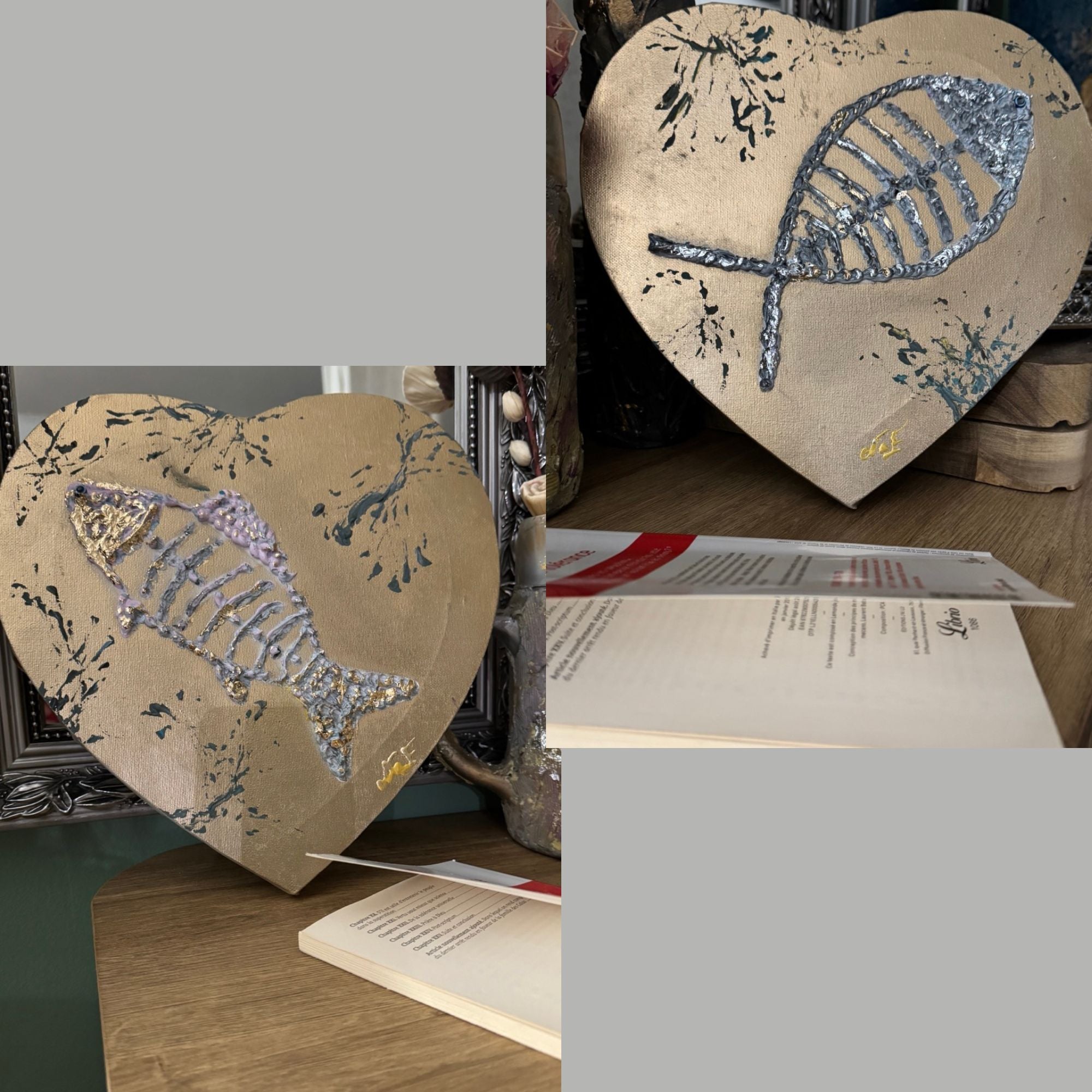 tableau en forme de cœur avec poisson en relief et finitions dorées et argentées