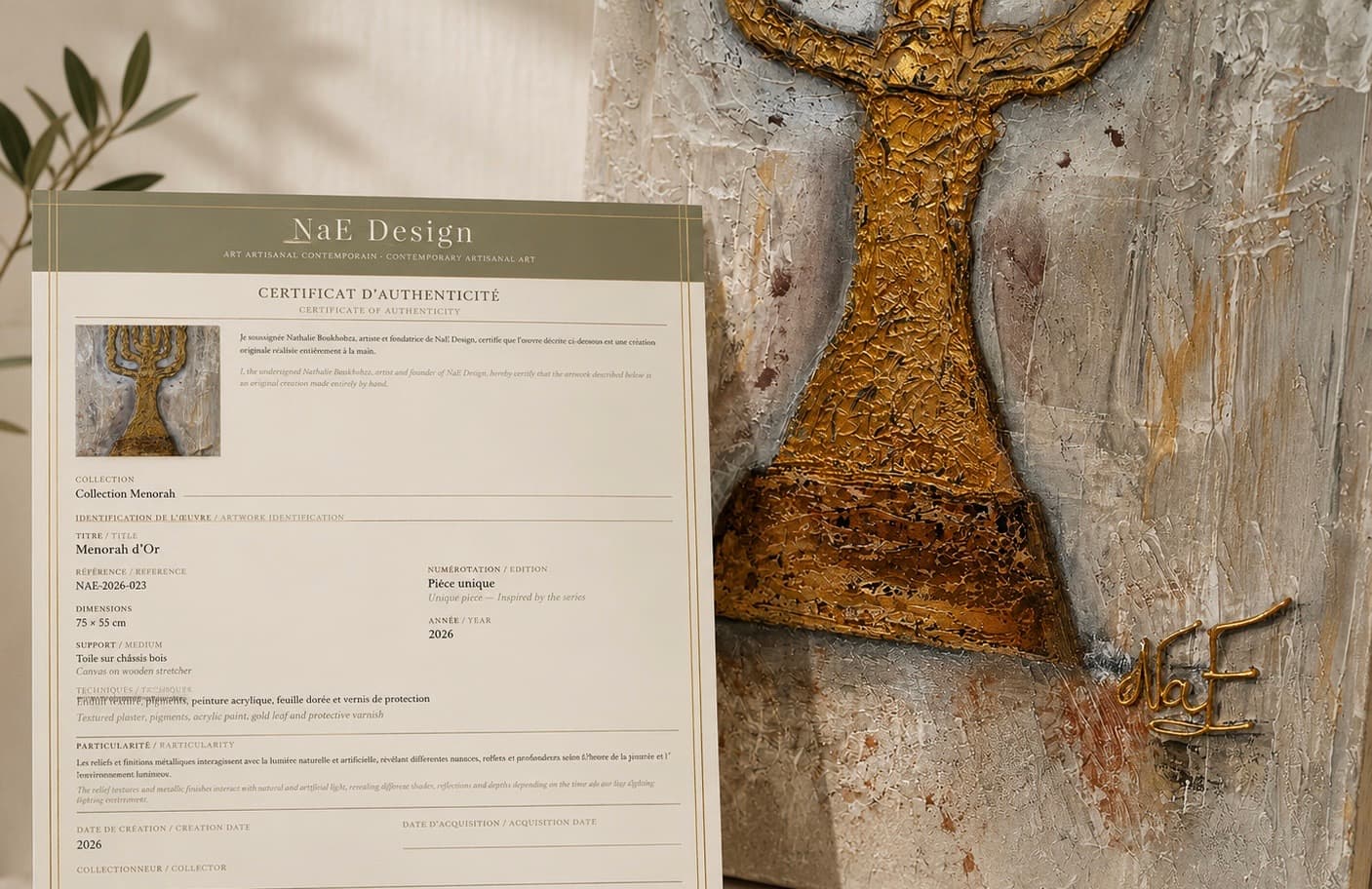 Certificat authenticité œuvre Menorah texturée NaE Design