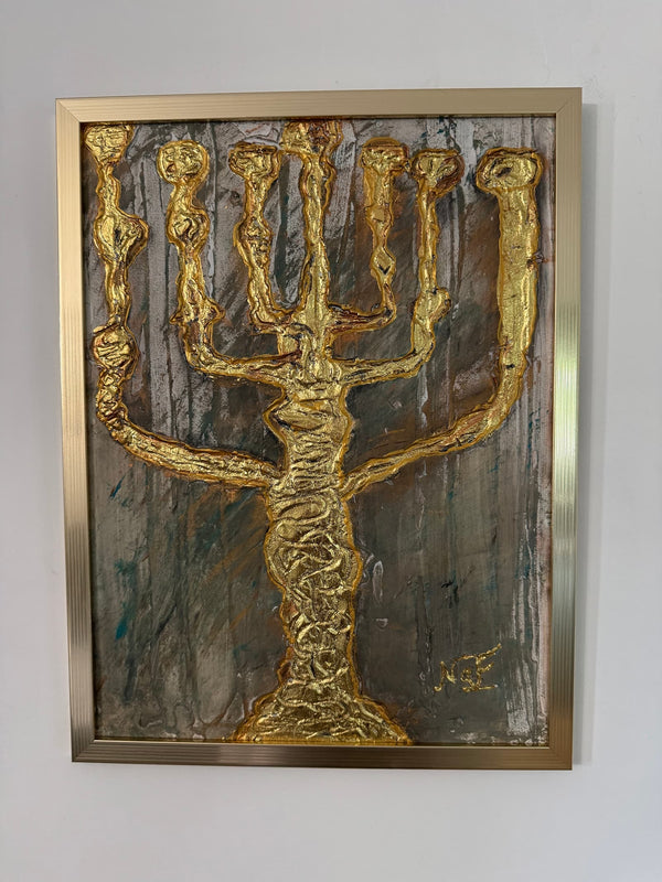 Menorah Relief II art texturé enduit sculpté arêtes dorées cadre doré NaE Design