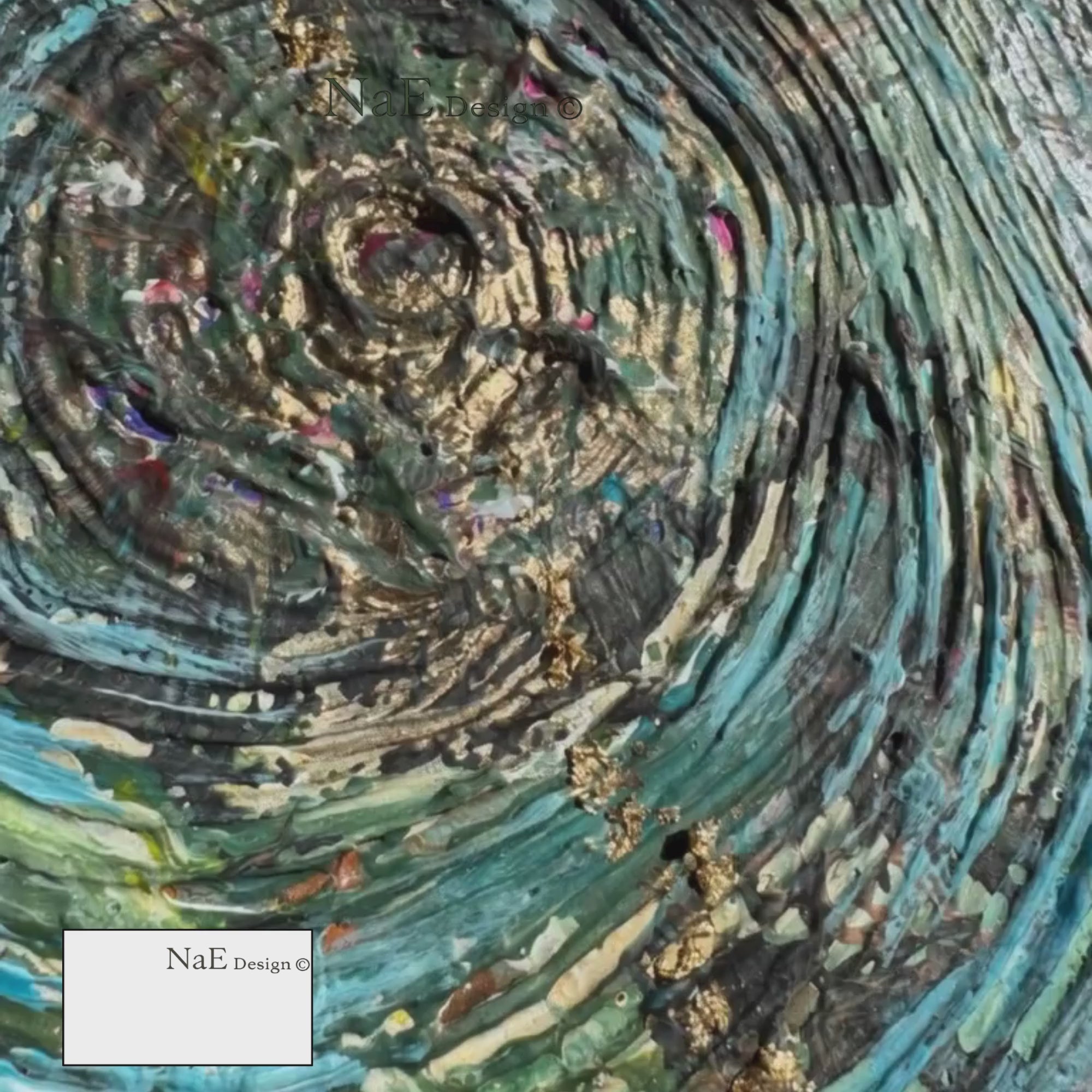 Vidéo détail texture en spirale bleu et or avec relief épais sur toile artistique NaE Design