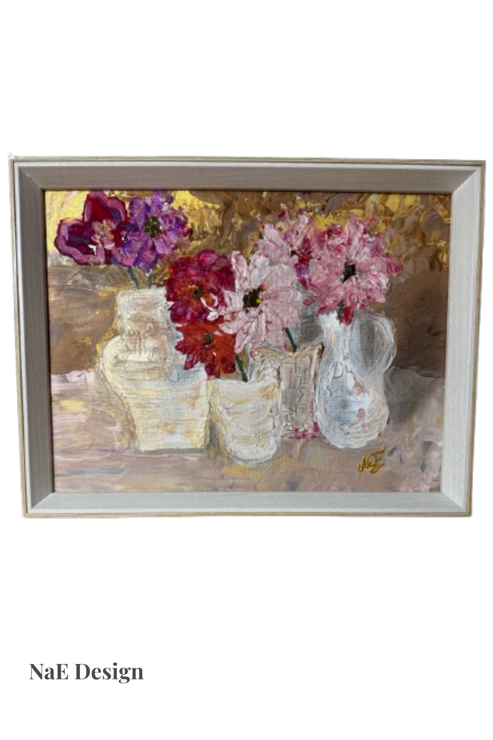 Toile décorative fleurs texturées en relief dans des vases pour décoration murale élégante