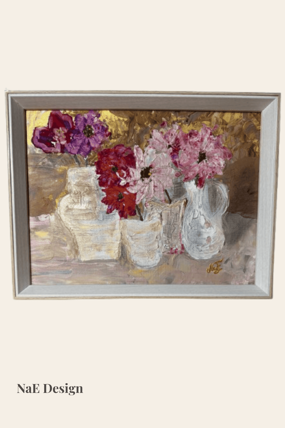 Toile décorative fleurs texturées en relief dans des vases pour décoration murale élégante