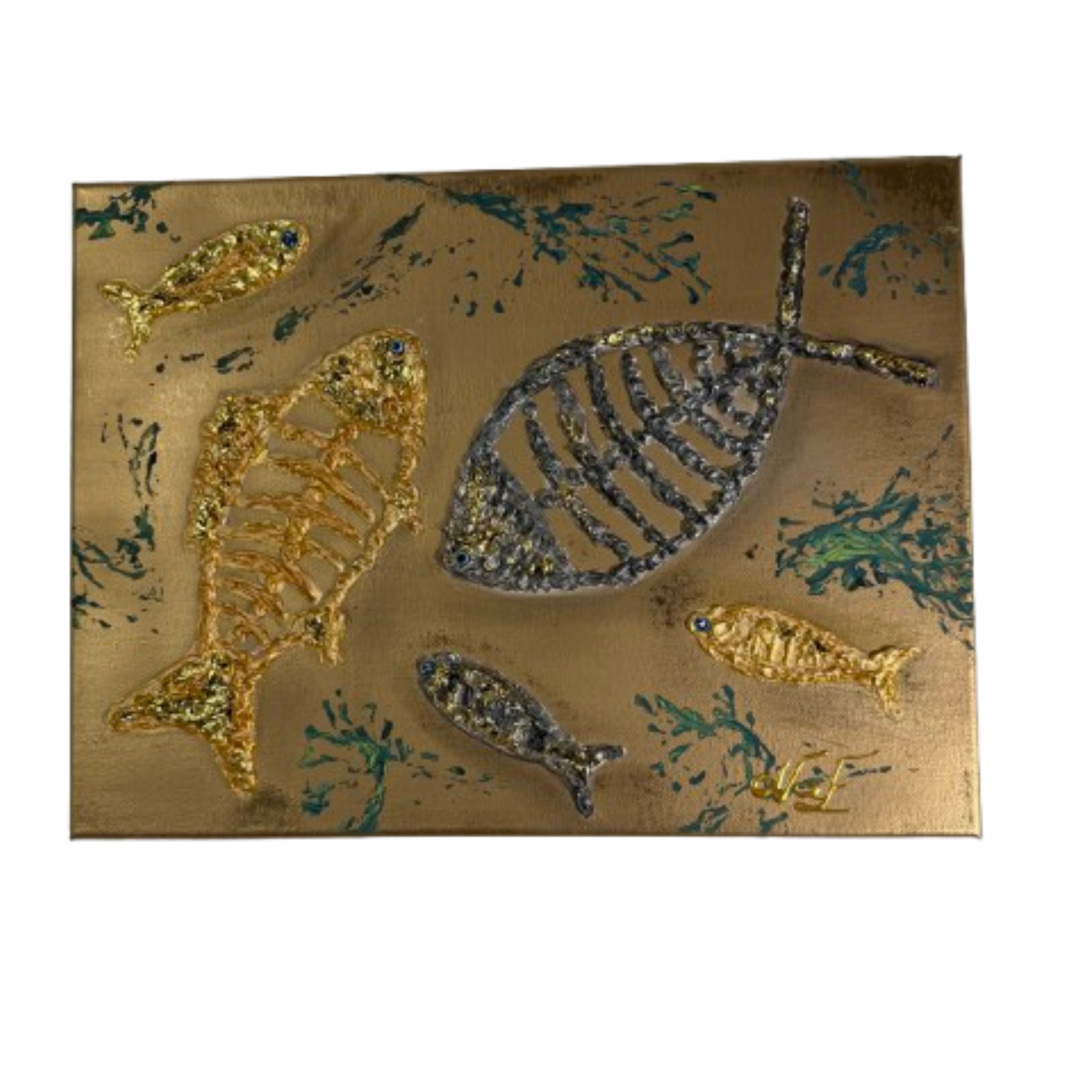Toile texturée poisson NaE
Design 30x40 cm avec relief et feuille dorée et argent
Décoration murale artisanale