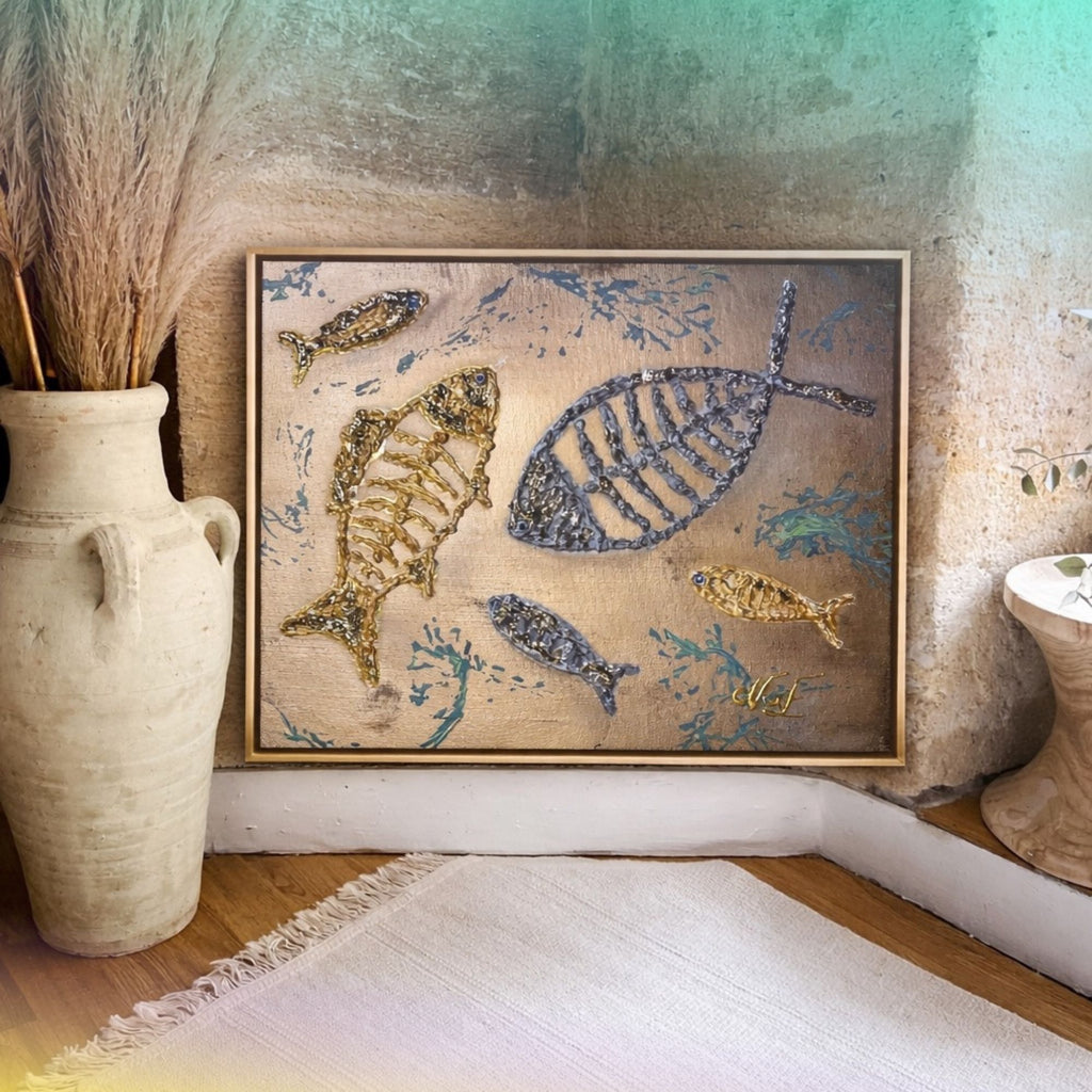 Toile texturée poisson NaE
Design 30x40 cm avec relief et feuille dorée et argent
Décoration murale artisanale
