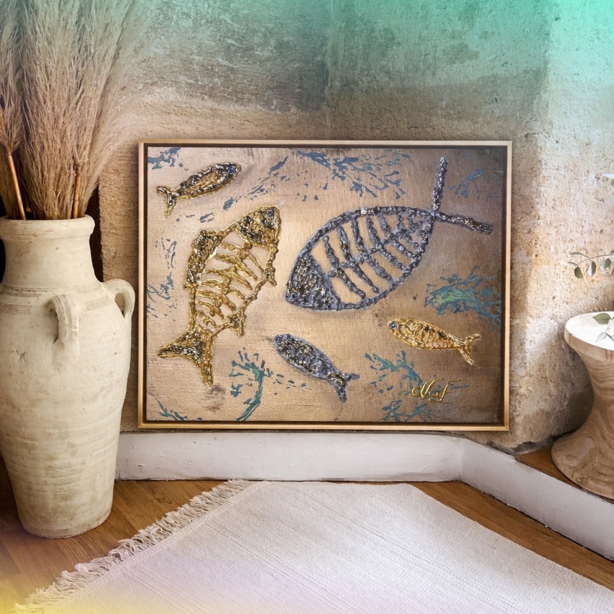 Toile texturée poisson NaE
Design 30x40 cm avec relief et feuille dorée et argent
Décoration murale artisanale