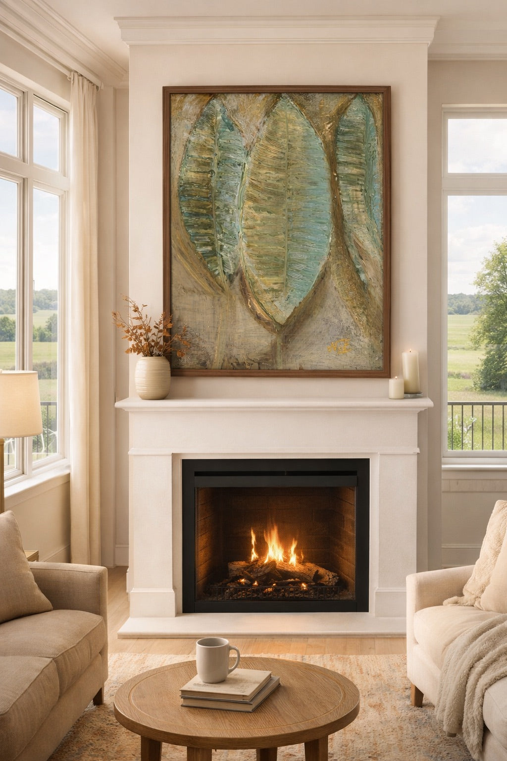 Toile feuilles texturées vert et beige marron en décoration murale dans un intérieur lumineux au dessus d'une cheminée