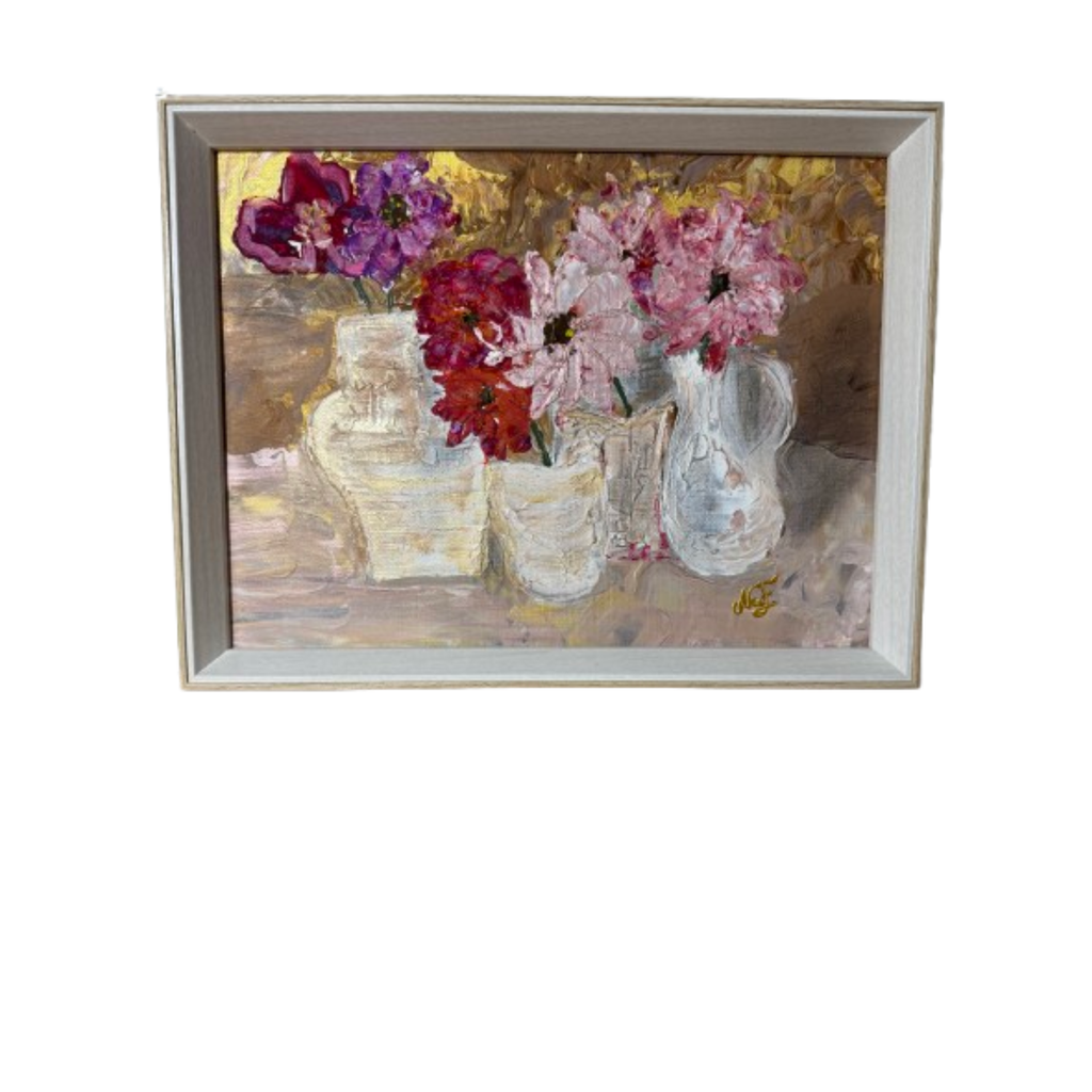 Toile décorative fleurs texturées en relief dans des vases pour décoration murale élégante