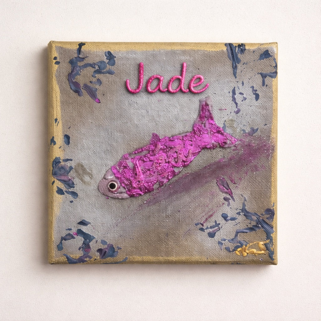 Toile personnalisée enfant 15x15 cm – Poisson texturé avec feuille d’or – Prénom au choix |-NaE
