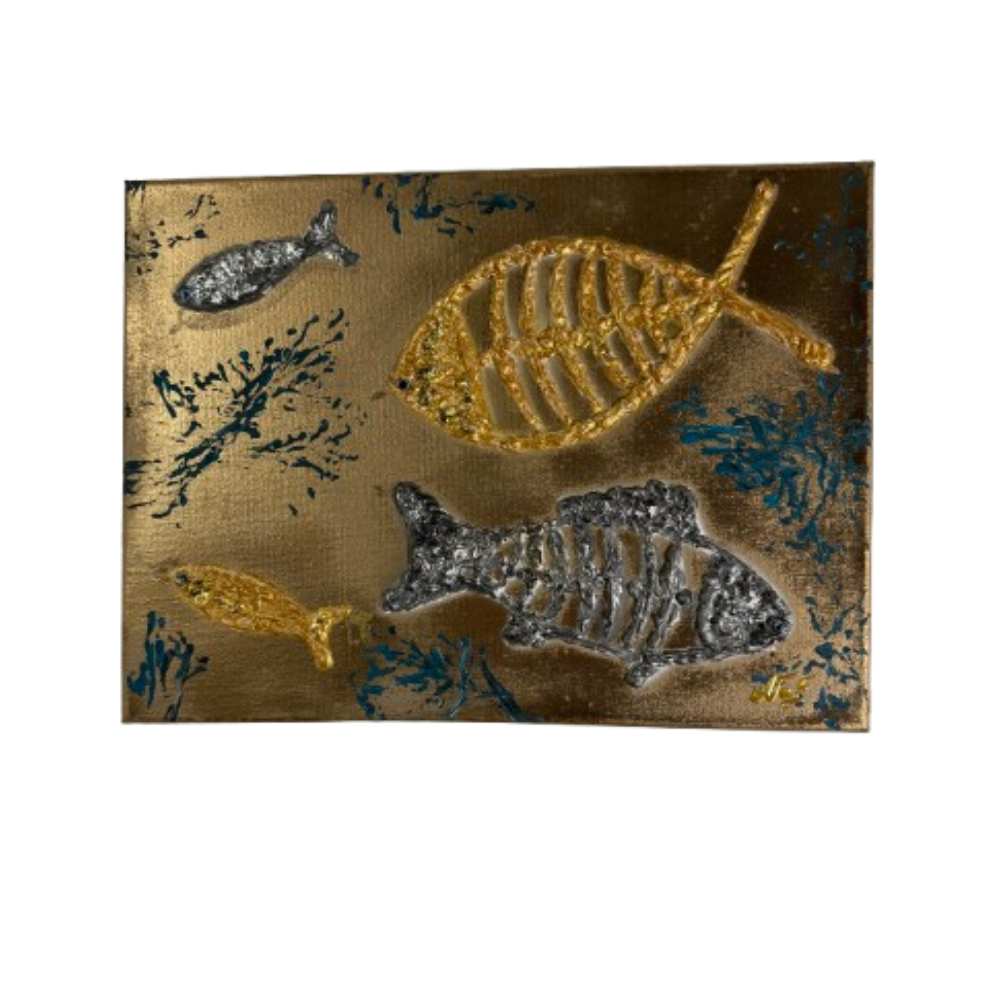 Toile texturée poisson NaE
Design 30x40 cm avec relief et feuille dorée et argent
Décoration murale artisanale