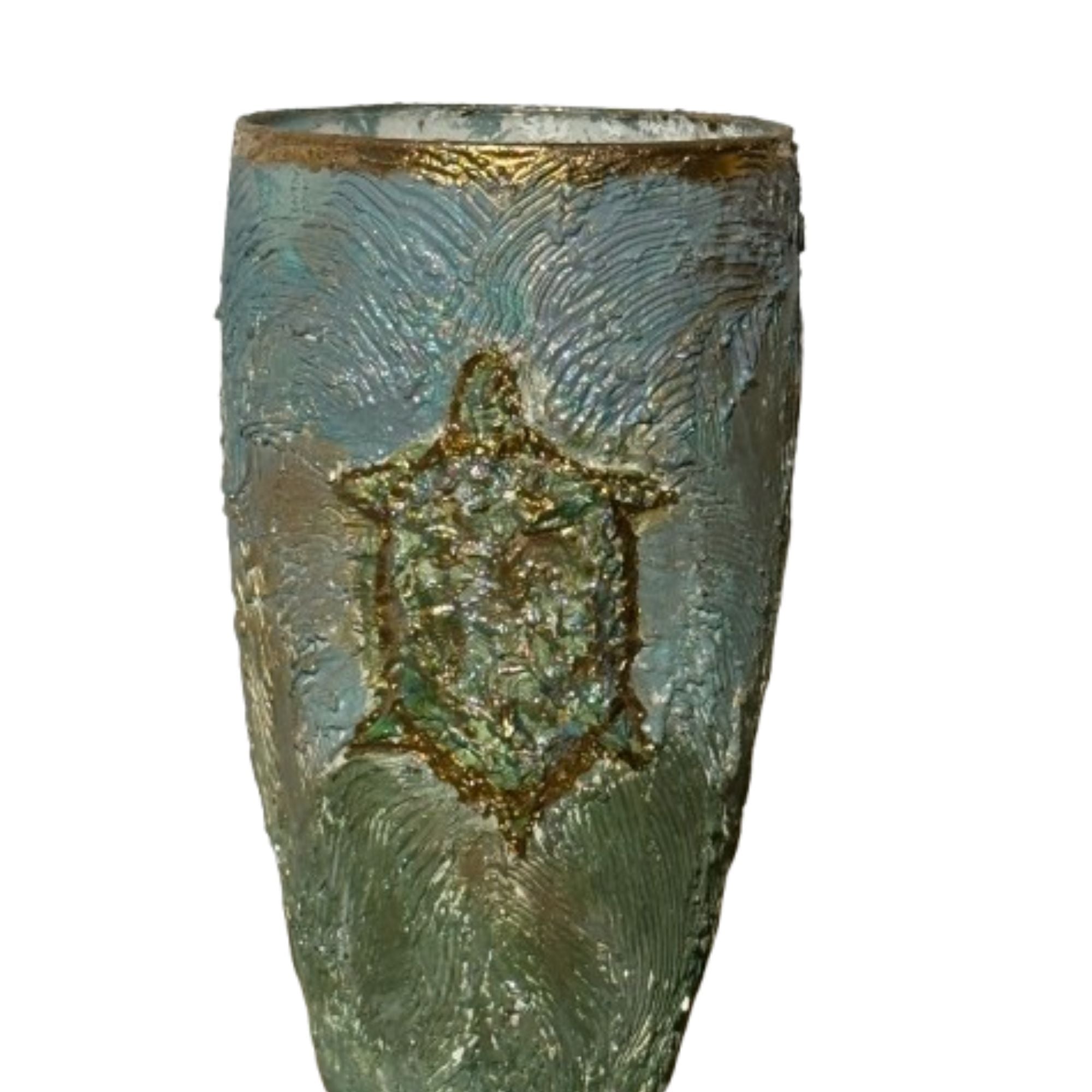 Vase texturé bleu et vert avec une torture en relief