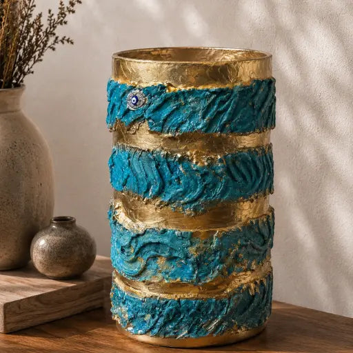 vase texturé en verre matiere pigment bleu et or oeil incrusté