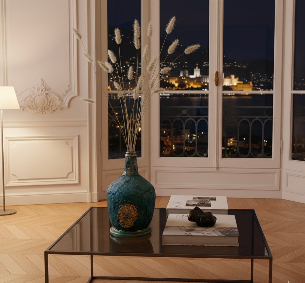 Vase bleu vert oeil ambiance salon haussmanien