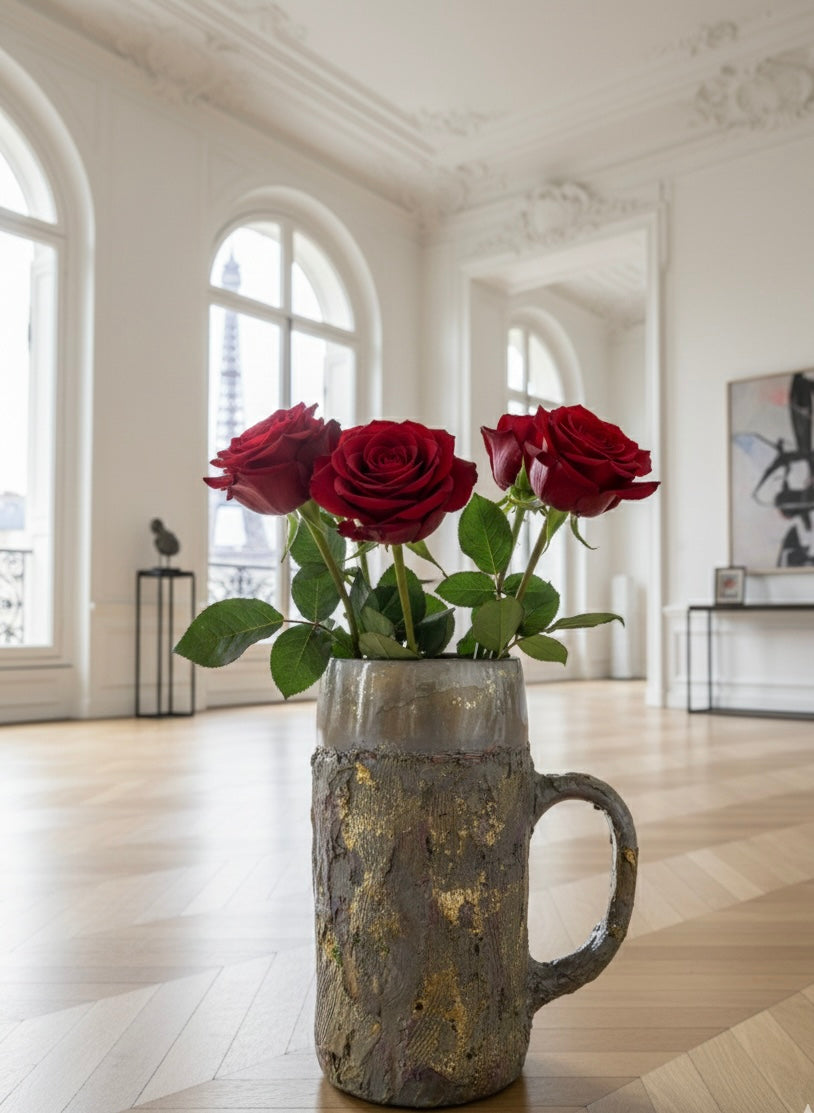 Vase relief doré gris garni de roses rouges posé au sol dans une immense salle à manger lumineuse