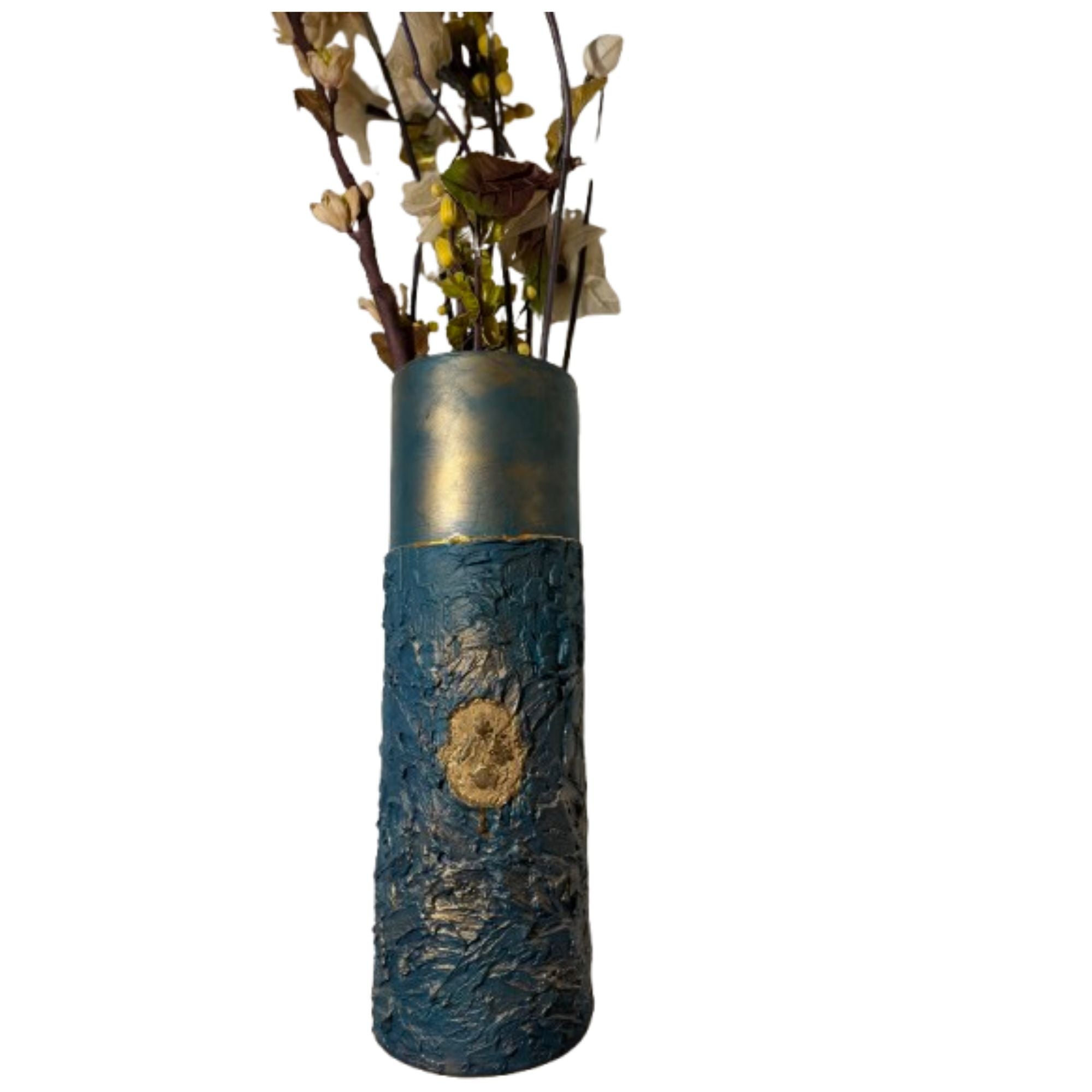 Grand vase texturé bleu et or reliefs et fleurs 