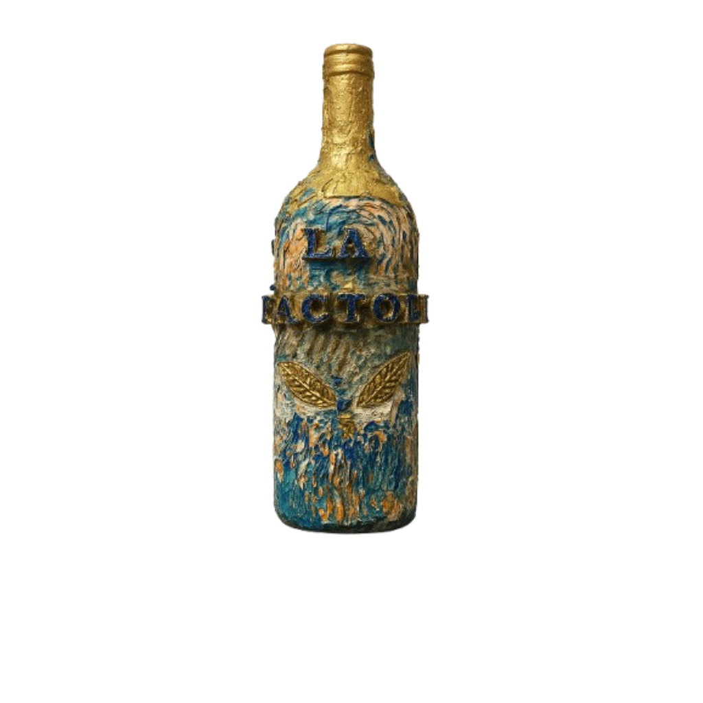 Bouteille décorative texturée bleu et or avec relief, création artisanale NaE Design
