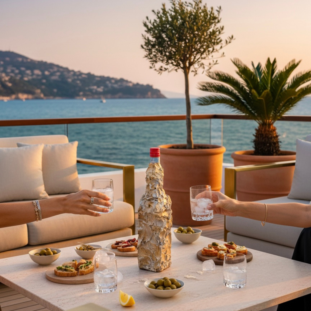 vase bouteille or et gris ambiance vacances sur un bateau vue sur mer