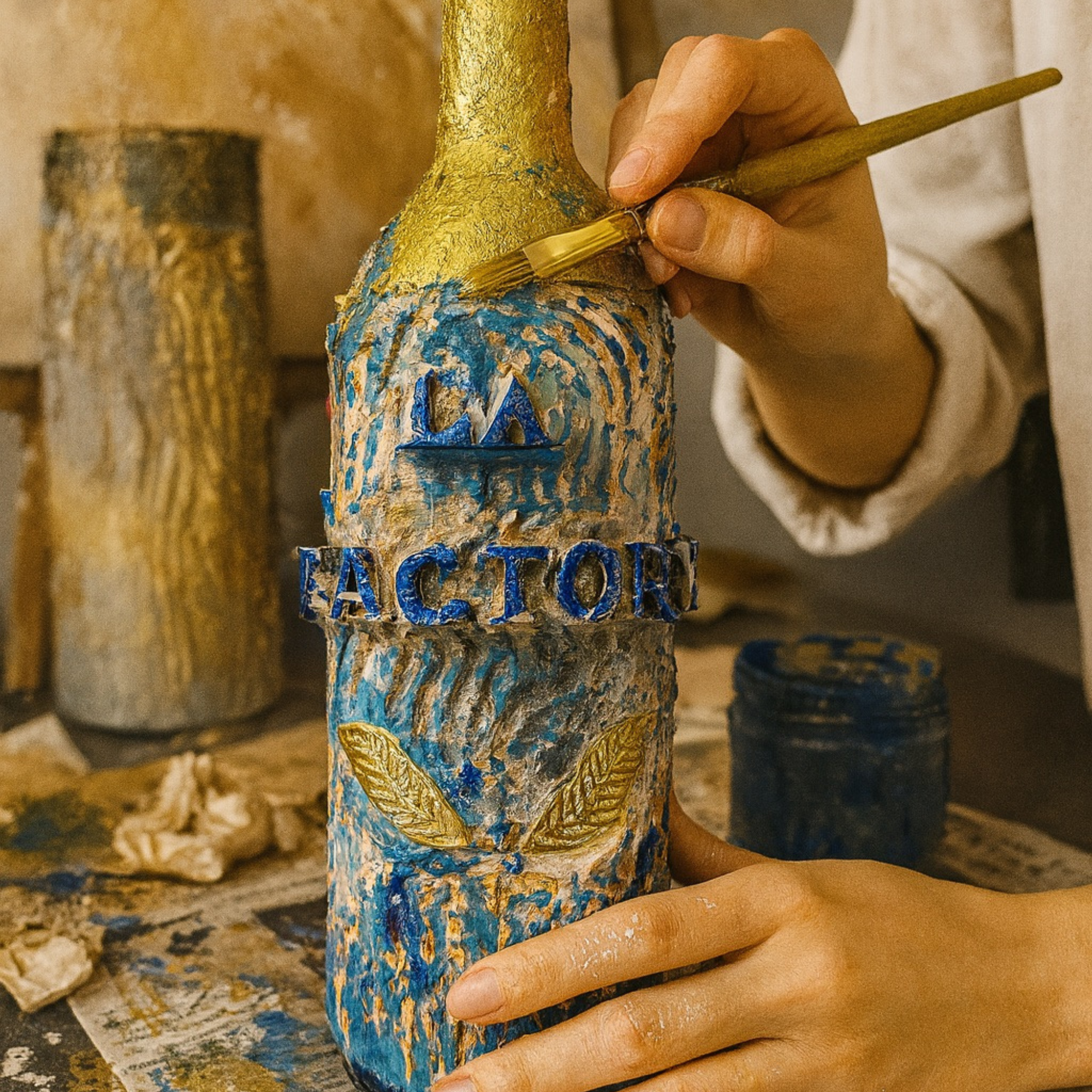 Bouteille décorative NAE recyclée – Verre épais, enduit texturé & finition artisanale – 30 cm