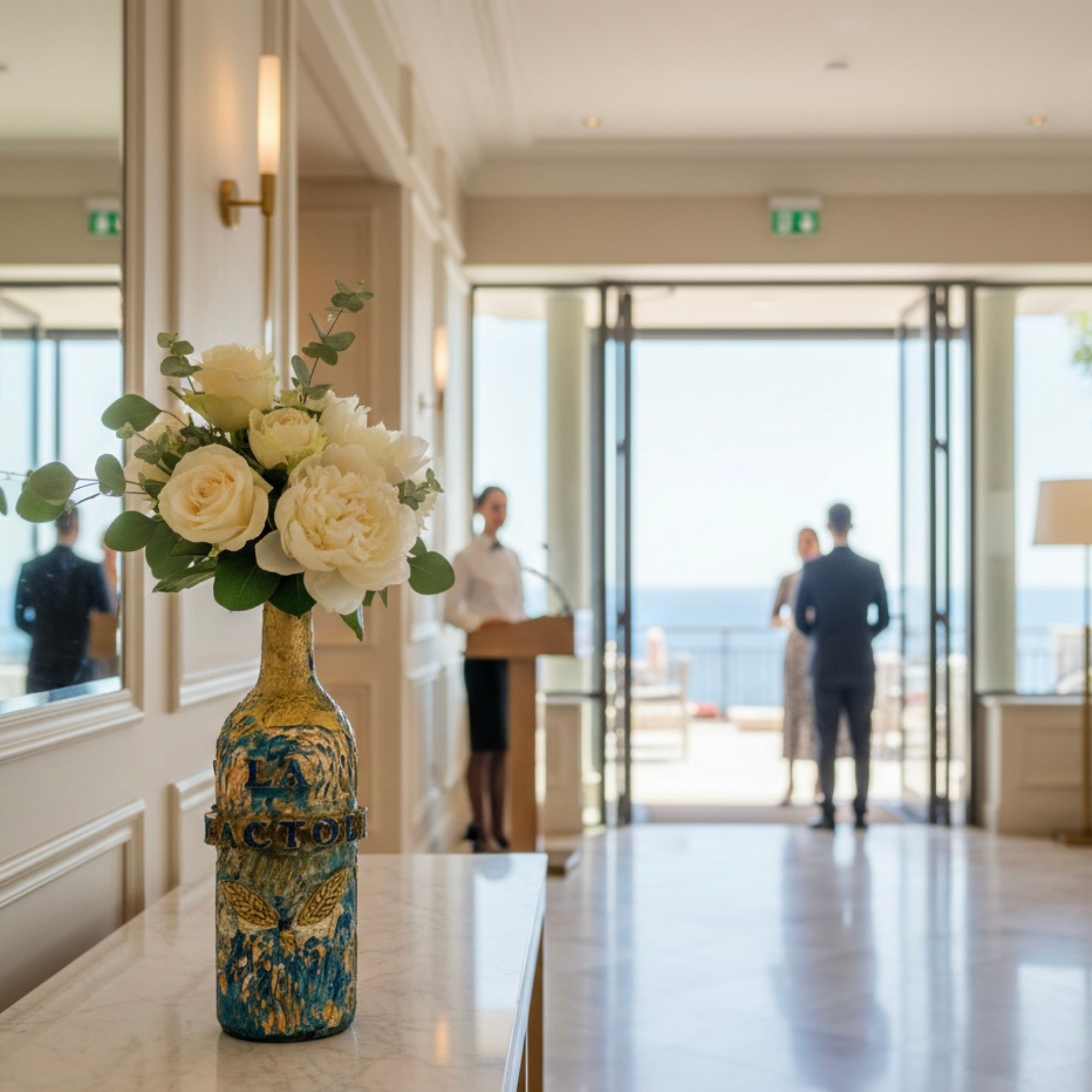 Bouteille décorative NaE Design en relief bleu et doré présentée dans un intérieur élégant