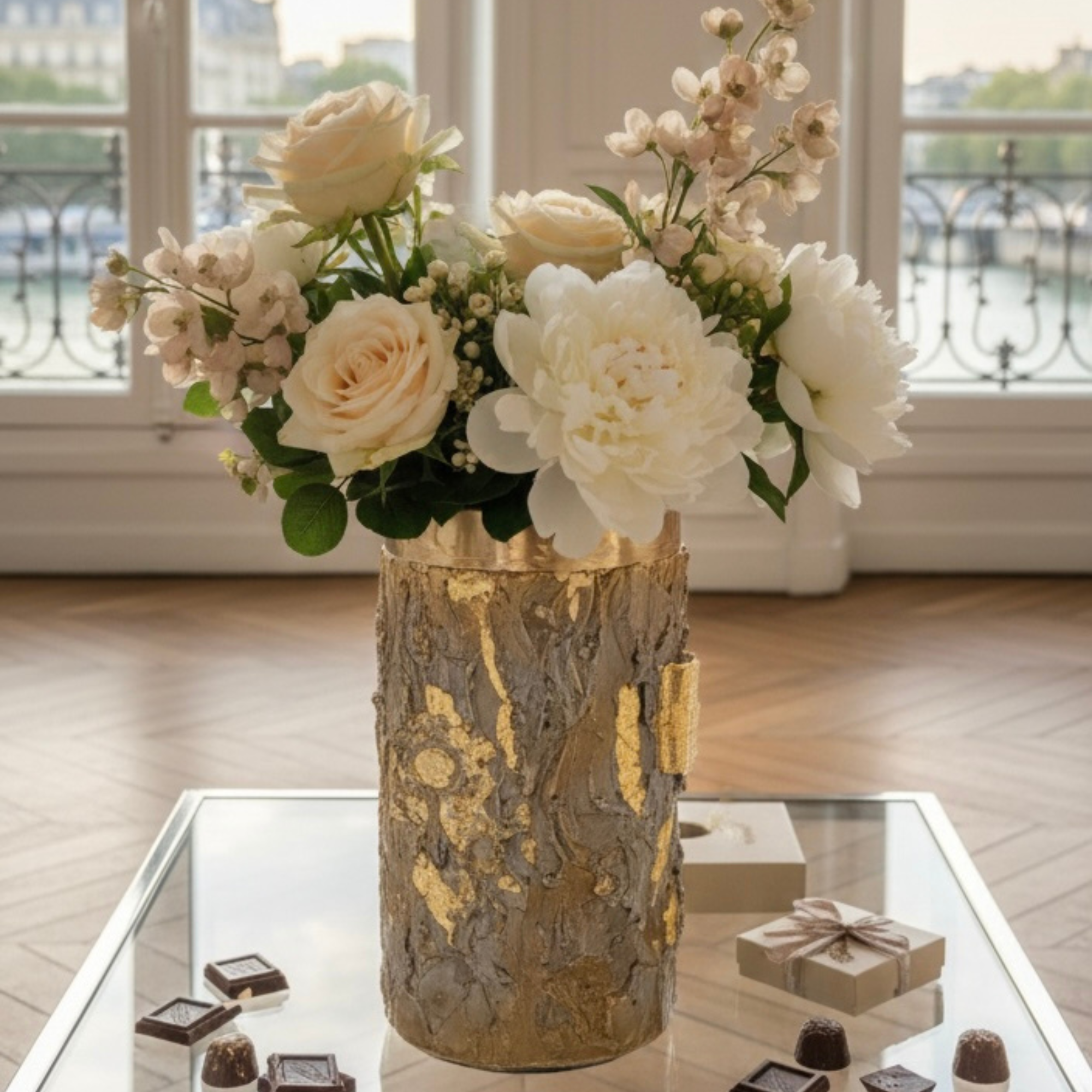 Vase beige or marron avec des fleurs blanches, posé sur une table de salon vue sur la Seine