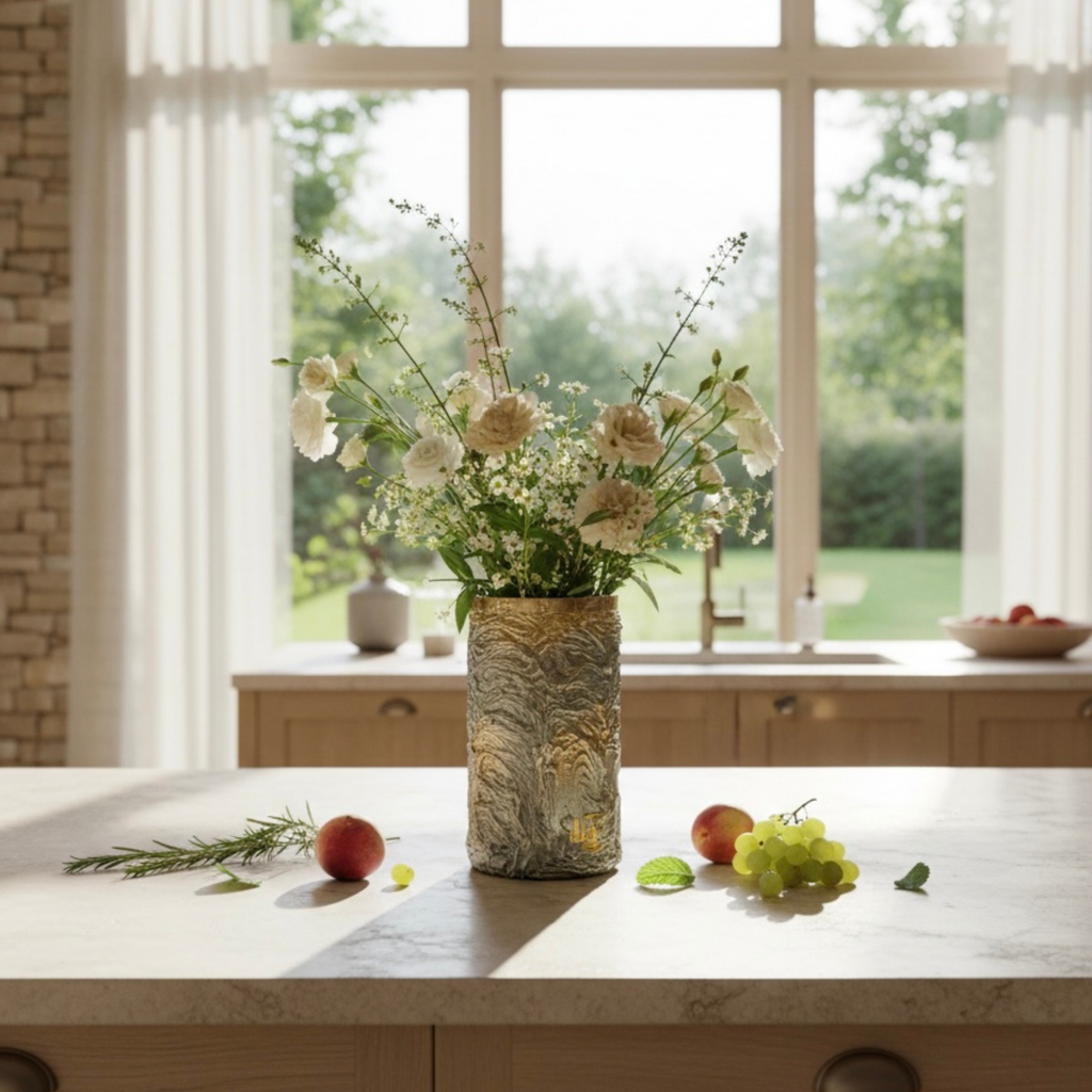 Vase en verre texturé menthe posé une un ilot central donnant sur un jardin
