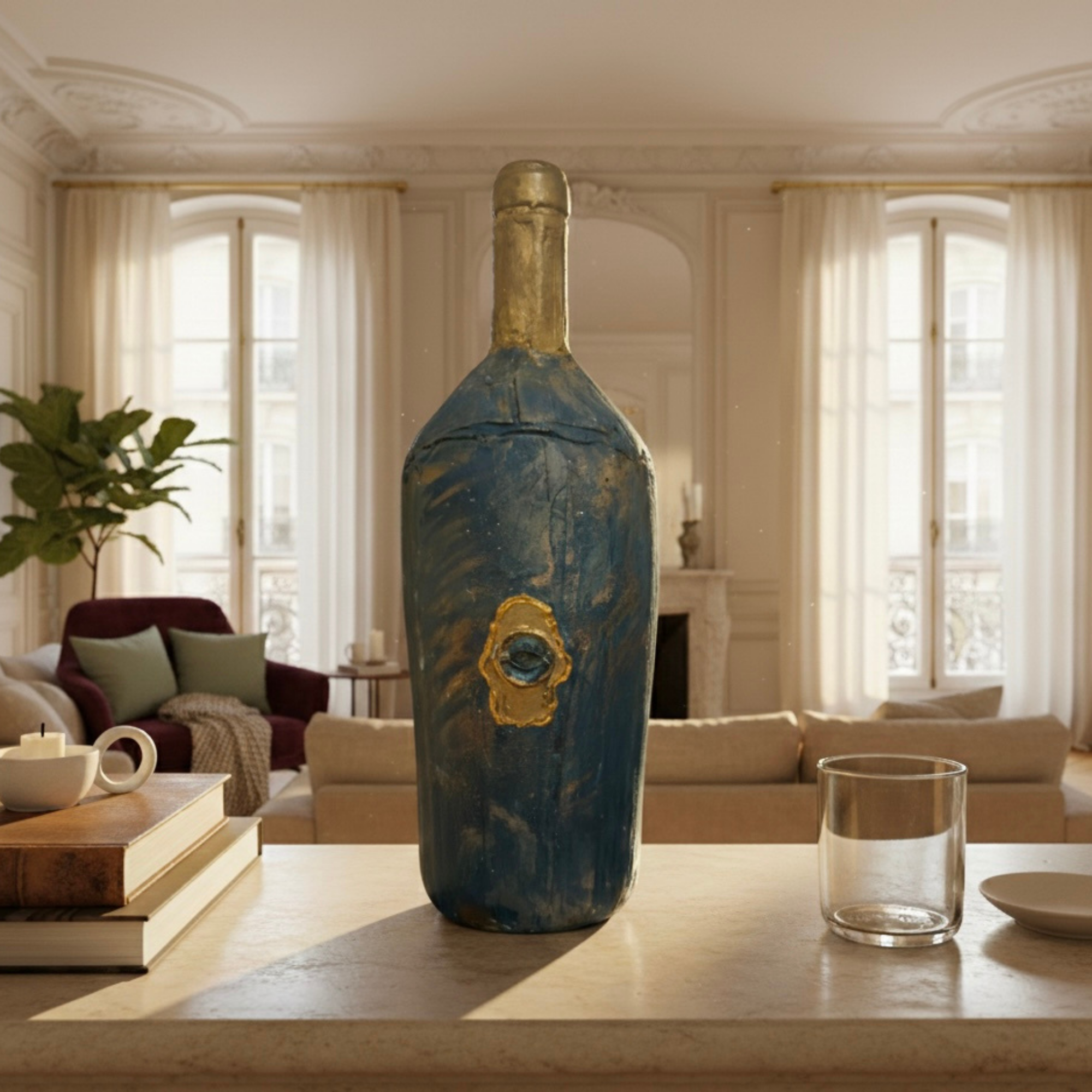 Bouteille décorative NaE Design en relief bleu et doré présentée dans un intérieur élégant