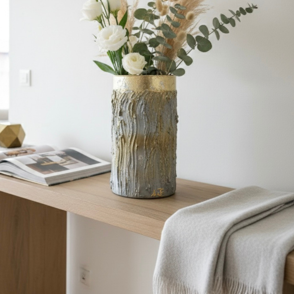 Vase beige or marron avec des fleurs blanches, posé sur une console de salon 