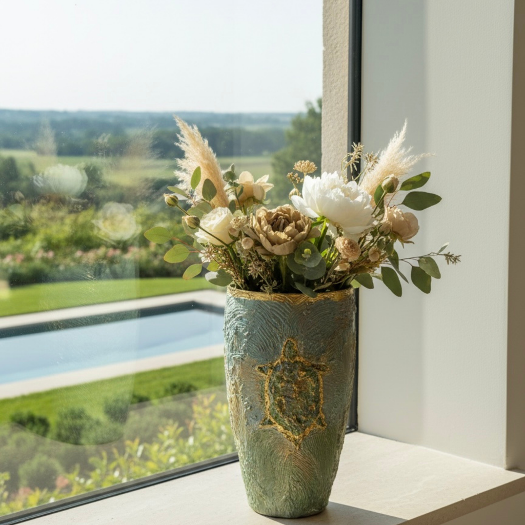 Vase texturé bleu vert et or garni de fleurs or et blanches vue sur la compagne