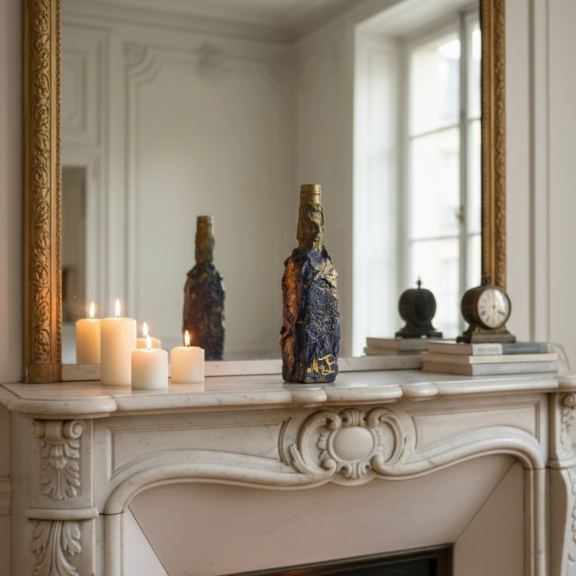 Vase bouteille violet et or posée sur une cheminée grand miroir
